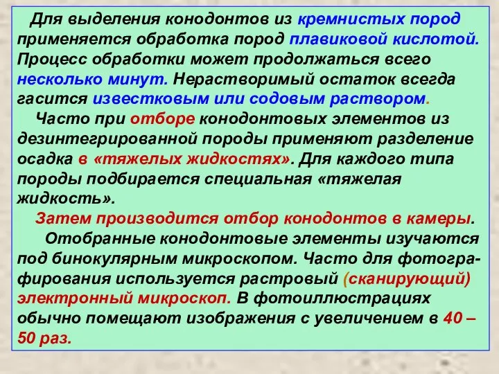 Для выделения конодонтов из кремнистых пород применяется обработка пород плавиковой кислотой. Процесс