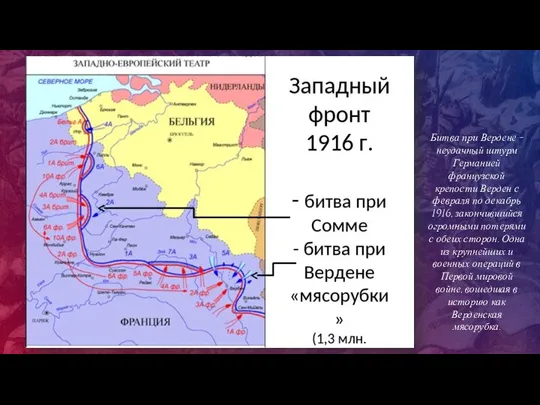 Битва при Вердене - неудачный штурм Германией французской крепости Верден с февраля