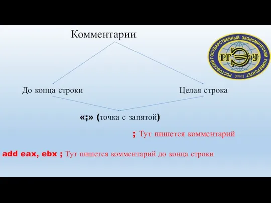 Комментарии До конца строки Целая строка «;» (точка с запятой) ; Тут