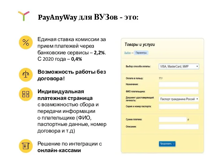 PayAnyWay для ВУЗов - это: Единая ставка комиссии за прием платежей через