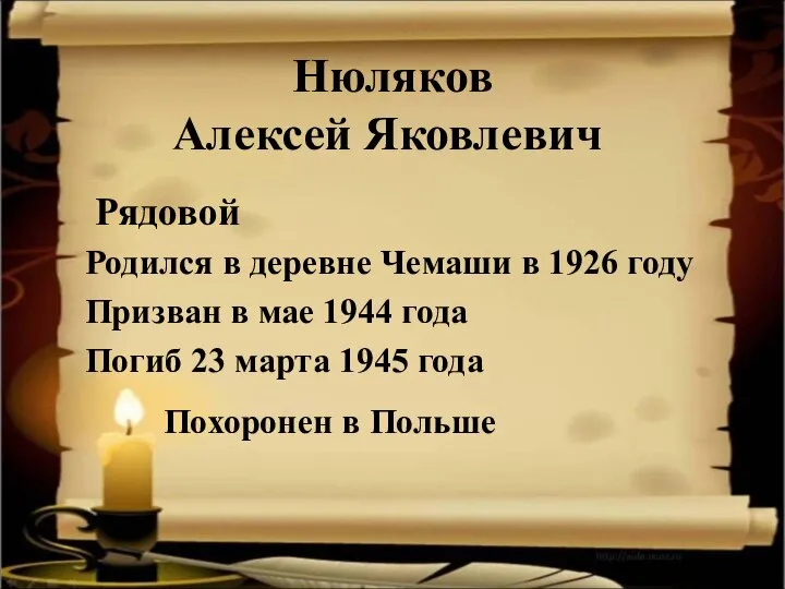 Нюляков Алексей Яковлевич Рядовой Родился в деревне Чемаши в 1926 году Призван