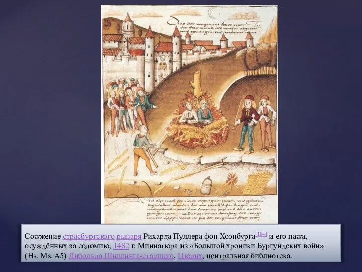 Сожжение страсбургского рыцаря Рихарда Пуллера фон Хоэнбурга[184] и его пажа, осуждённых за