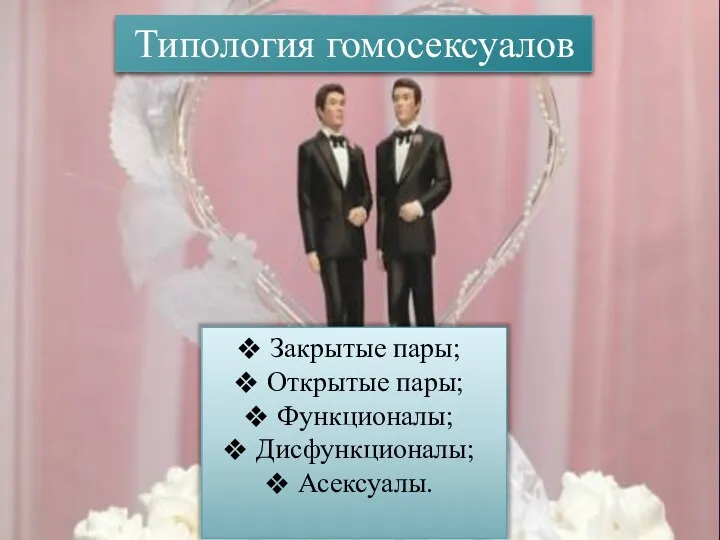 Типология гомосексуалов Закрытые пары; Открытые пары; Функционалы; Дисфункционалы; Асексуалы.