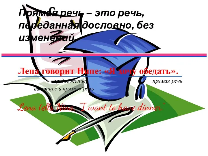 Прямая речь – это речь, переданная дословно, без изменений. Лена говорит Нине: