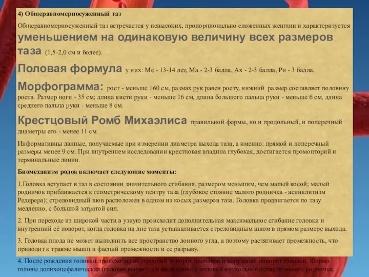 4) Общеравномерносуженный таз Общеравномерносуженный таз встречается у невысоких, пропорционально сложенных женщин и