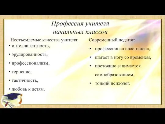 Профессия учителя начальных классов Неотъемлемые качества учителя: интеллигентность, эрудированность, профессионализм, терпение, тактичность,