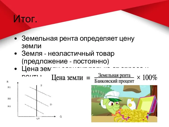 Итог. Земельная рента определяет цену земли Земля - неэластичный товар (предложение -