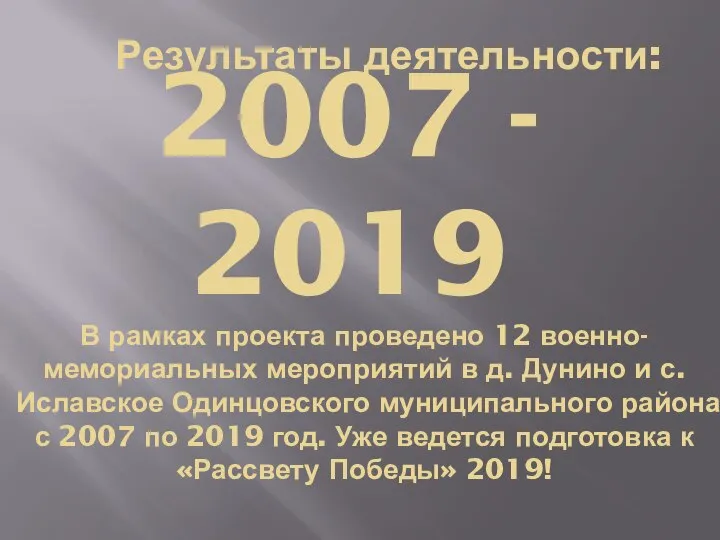 Результаты деятельности: 2007 - 2019 В рамках проекта проведено 12 военно-мемориальных мероприятий