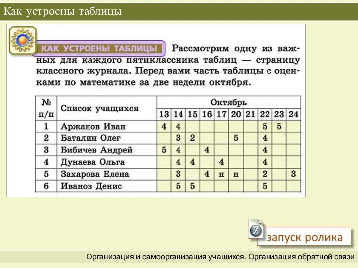 Организация и самоорганизация учащихся. Организация обратной связи Как устроены таблицы