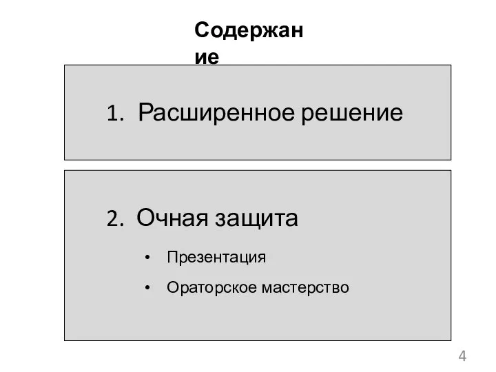 4 Содержание 1. Расширенное решение 2. Очная защита Презентация Ораторское мастерство