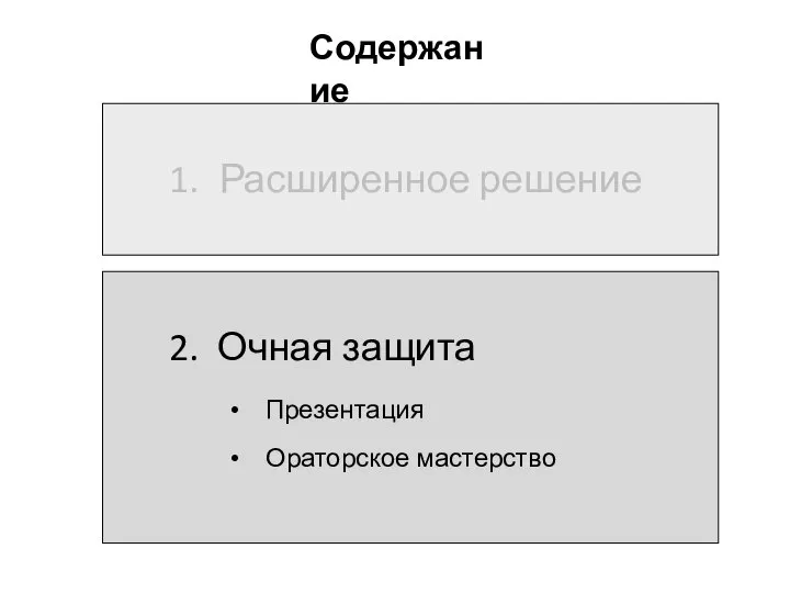 Содержание 1. Расширенное решение 2. Очная защита Презентация Ораторское мастерство