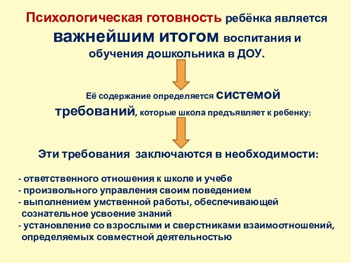 Психологическая готовность ребёнка является важнейшим итогом воспитания и обучения дошкольника в ДОУ.