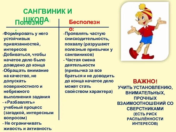 САНГВИНИК И ШКОЛА: Полезно: Бесполезно: Формировать у него устойчивых привязанностей, интересов Добиваться,