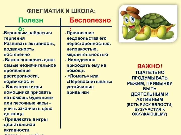 ФЛЕГМАТИК И ШКОЛА: Полезно: Бесполезно: Взрослым набраться терпения Развивать активность, подвижность постепенно