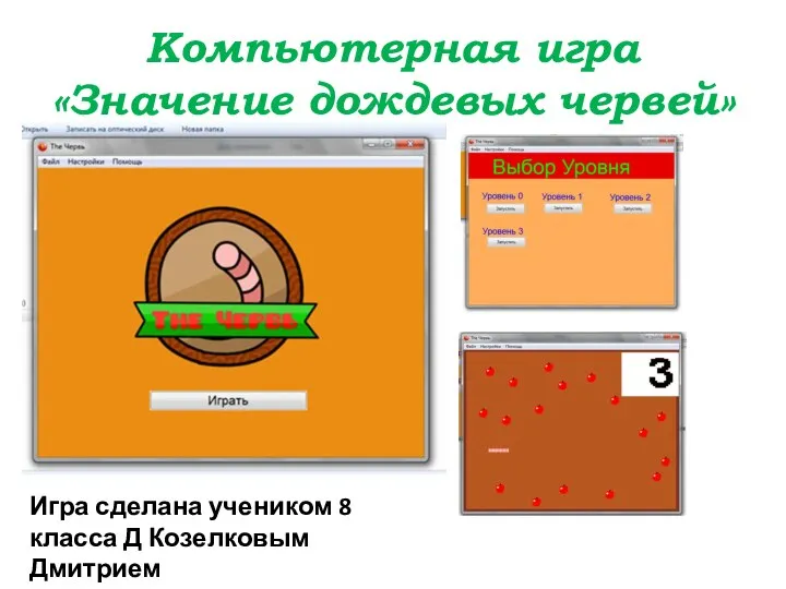 Компьютерная игра «Значение дождевых червей» Игра сделана учеником 8 класса Д Козелковым Дмитрием