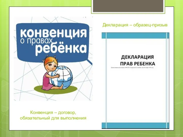 Декларация – образец-призыв Конвенция – договор, обязательный для выполнения