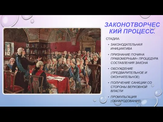 СТАДИИ: ЗАКОНОДАТЕЛЬНАЯ ИНИЦИАТИВА ПРИЗНАНИЕ ПОЧИНА ПРАВОМЕРНЫМ+ ПРОЦЕДУРА СОСТАВЛЕНИЯ ЗАКОНА ОБСУЖДЕНИЕ (ПРЕДВАРИТЕЛЬНОЕ И