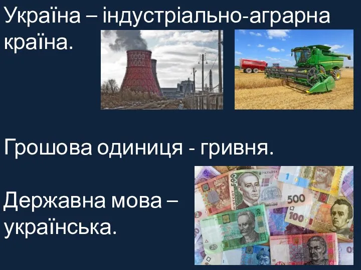 Україна – індустріально-аграрна країна. Грошова одиниця - гривня. Державна мова – українська.