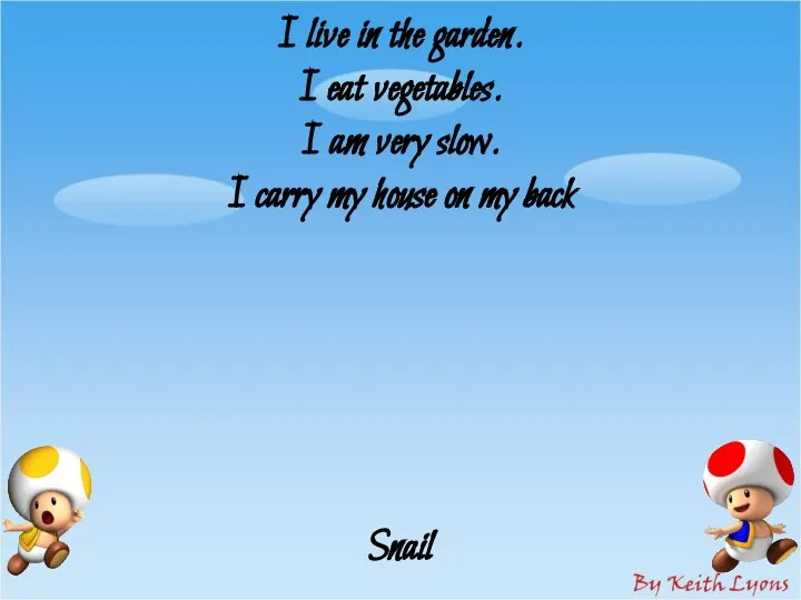 I live in the garden. I eat vegetables. I am very slow.