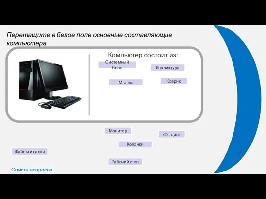 Перетащите в белое поле основные составляющие компьютера Компьютер состоит из: Монитор Системный