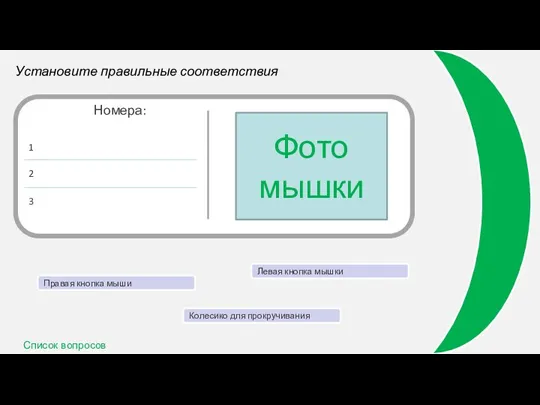 Установите правильные соответствия Номера: Фото мышки 1 2 3 Правая кнопка мыши