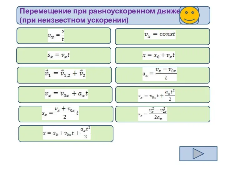 Перемещение при равноускоренном движении (при неизвестном ускорении) ?