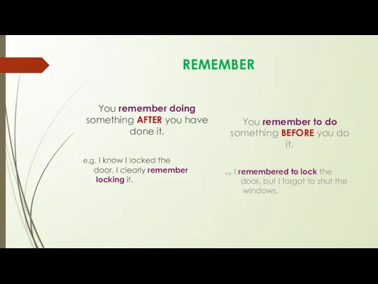 REMEMBER You remember doing something AFTER you have done it. e.g. I
