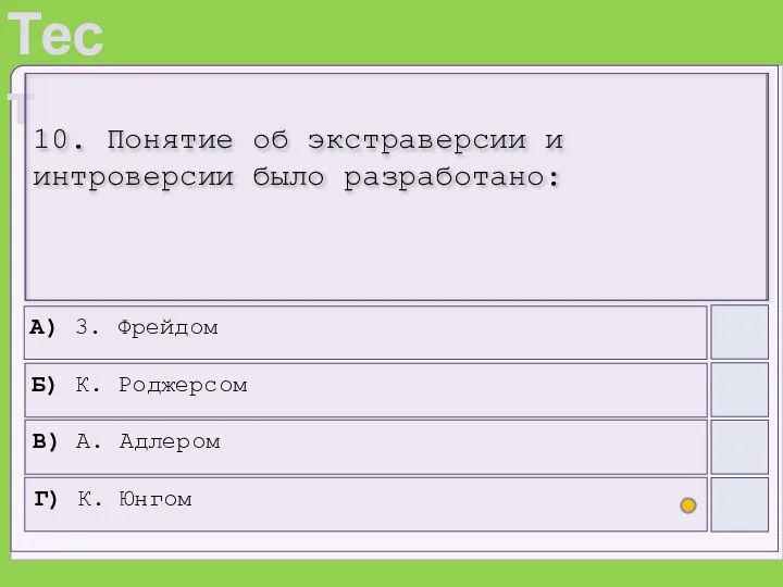 10. Понятие об экстраверсии и интроверсии было разработано: А) 3. Фрейдом Б)