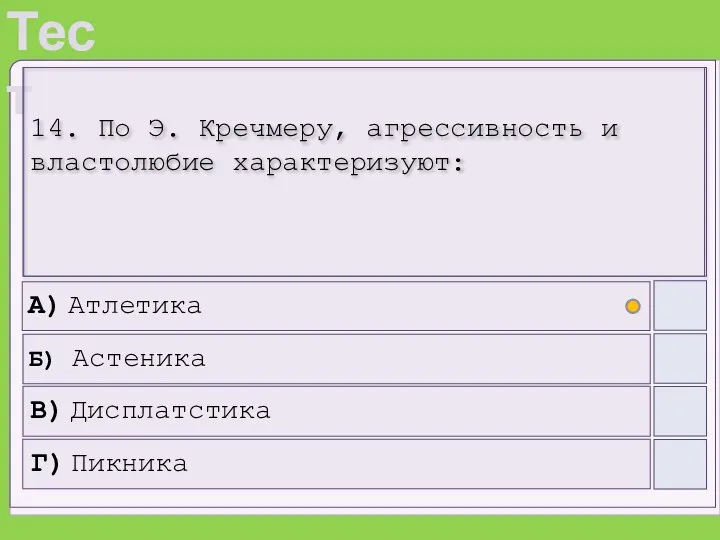 14. По Э. Кречмеру, агрессивность и властолюбие характеризуют: А) Атлетика Б) Астеника В) Дисплатстика Г) Пикника