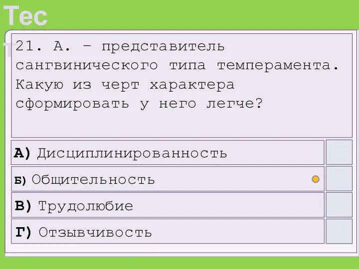 А) Дисциплинированность Б) Общительность В) Трудолюбие Г) Отзывчивость 21. А. – представитель