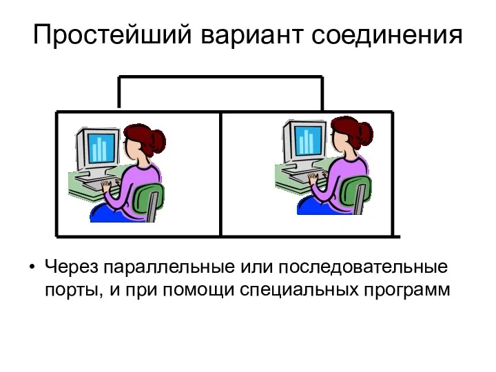 Простейший вариант соединения Через параллельные или последовательные порты, и при помощи специальных программ