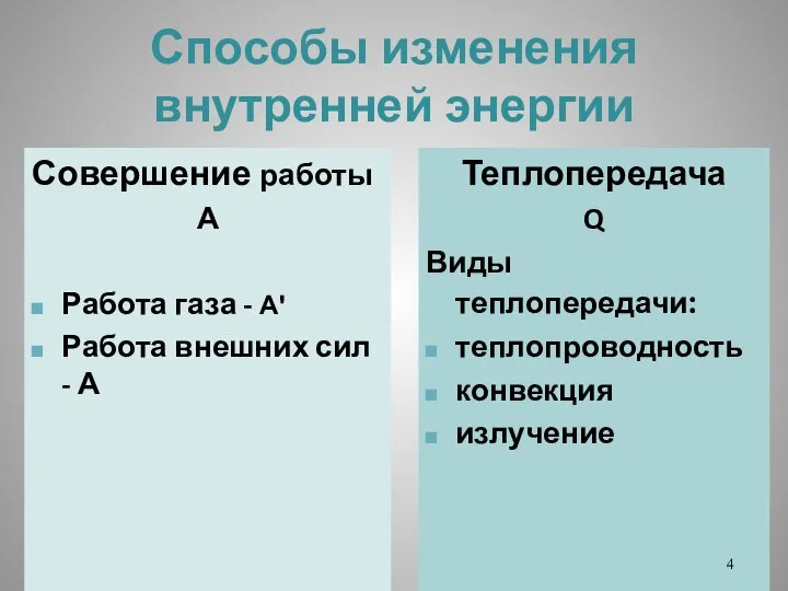 Способы изменения внутренней энергии Совершение работы А Работа газа - Аꞌ Работа