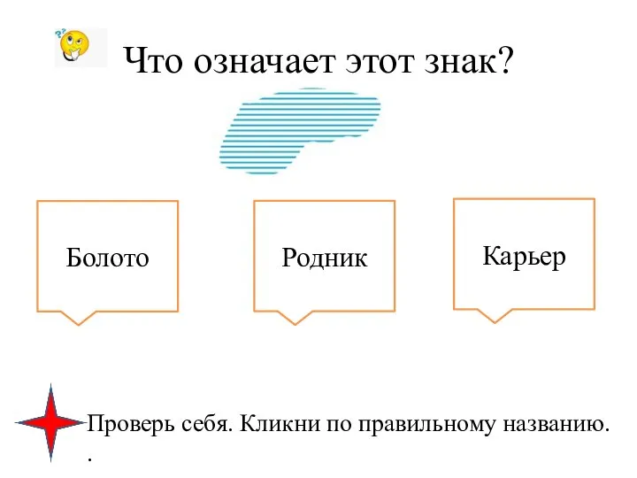 Что означает этот знак? Болото Родник Карьер Проверь себя. Кликни по правильному названию. .