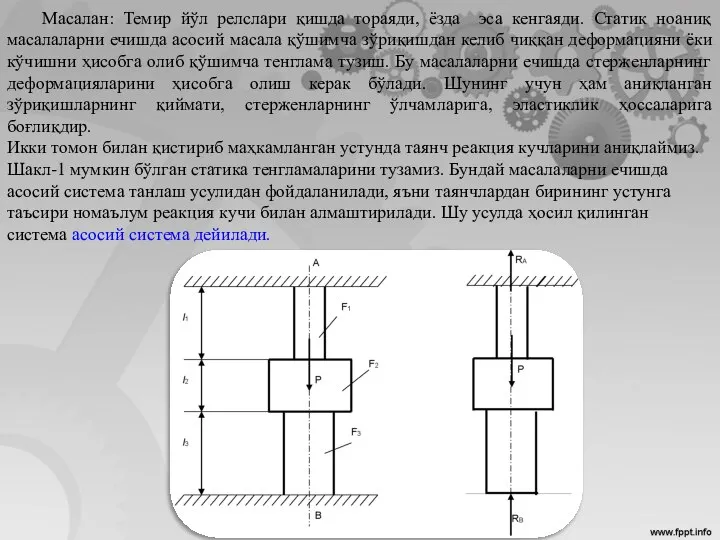 Масалан: Темир йўл релслари қишда тораяди, ёзда эса кенгаяди. Статик ноаниқ масалаларни