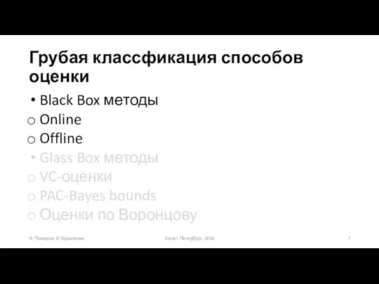 Грубая классфикация способов оценки Black Box методы Online Offline Glass Box методы