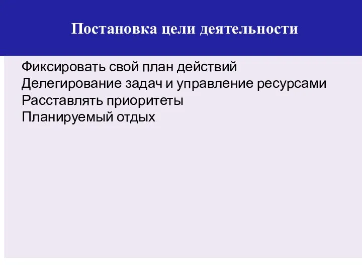 Постановка цели деятельности Фиксировать свой план действий Делегирование задач и управление ресурсами Расставлять приоритеты Планируемый отдых