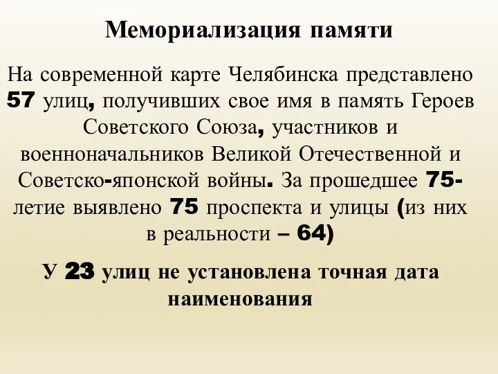 Мемориализация памяти На современной карте Челябинска представлено 57 улиц, получивших свое имя