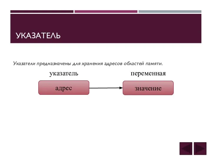 УКАЗАТЕЛЬ Указатели предназначены для хранения адресов областей памяти.