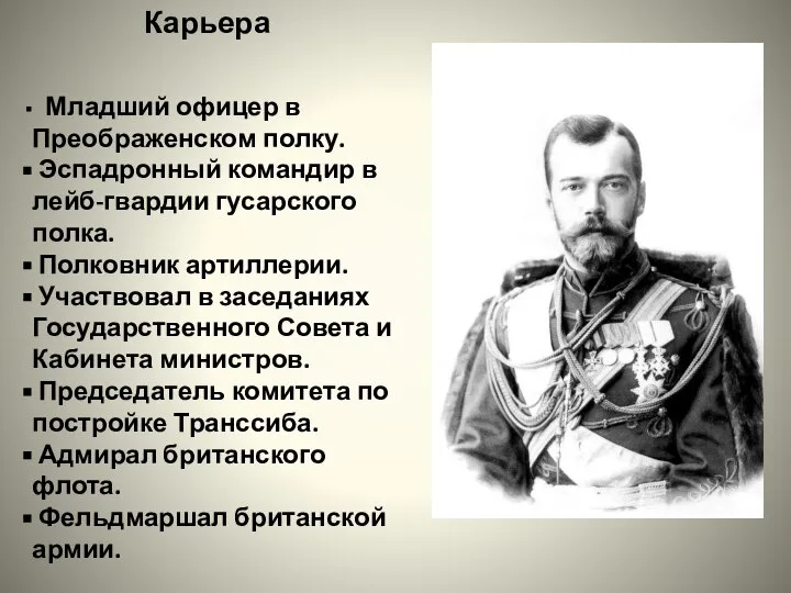 Карьера Младший офицер в Преображенском полку. Эспадронный командир в лейб-гвардии гусарского полка.