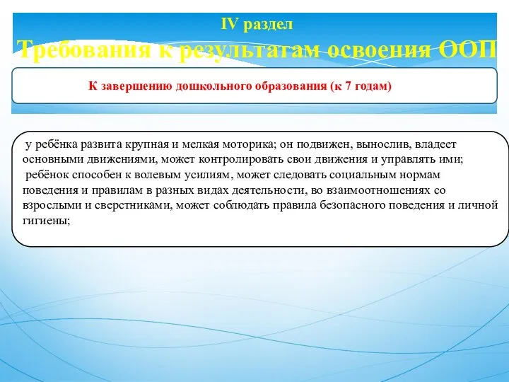 IV раздел Требования к результатам освоения ООП у ребёнка развита крупная и