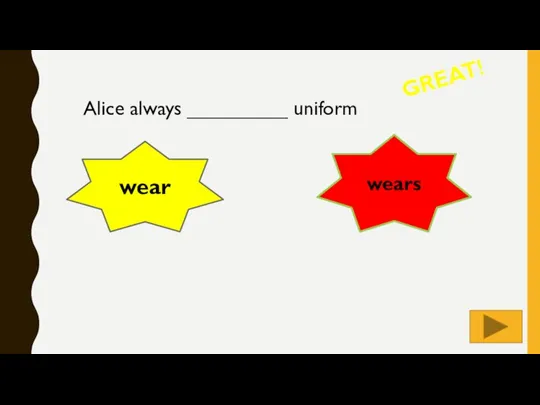 Alice always _________ uniform GREAT! wears wear