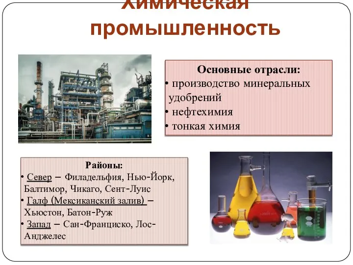 Химическая промышленность Основные отрасли: производство минеральных удобрений нефтехимия тонкая химия Районы: Север