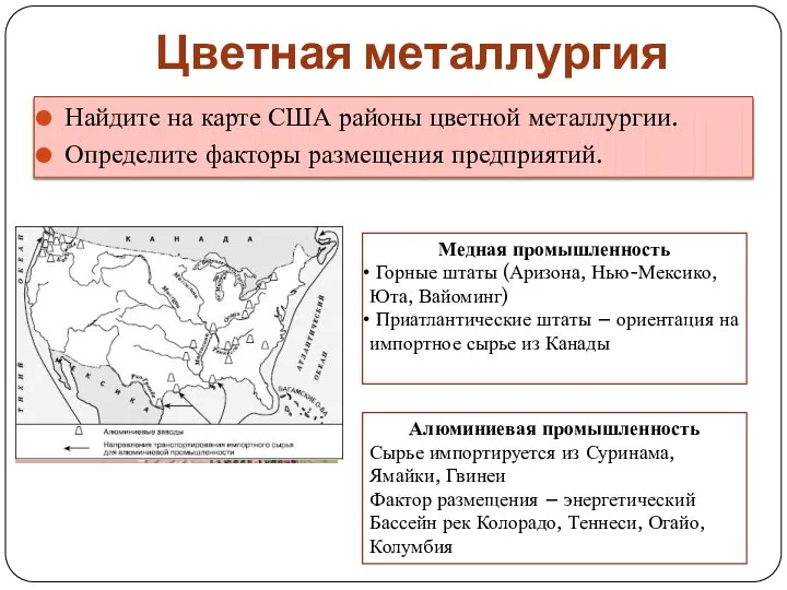 Цветная металлургия Найдите на карте США районы цветной металлургии. Определите факторы размещения