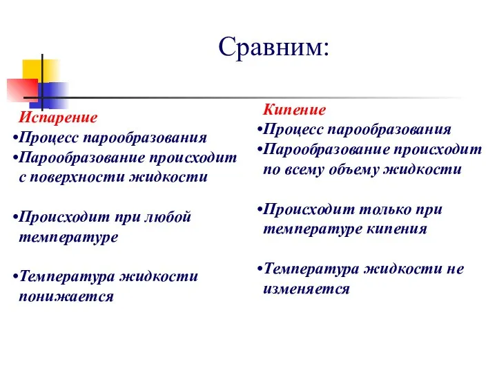 Сравним: Испарение Процесс парообразования Парообразование происходит с поверхности жидкости Происходит при любой