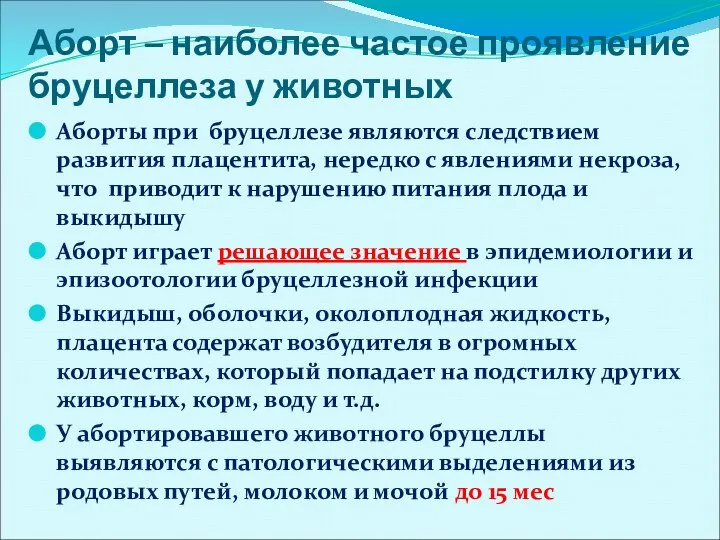 Аборт – наиболее частое проявление бруцеллеза у животных Аборты при бруцеллезе являются