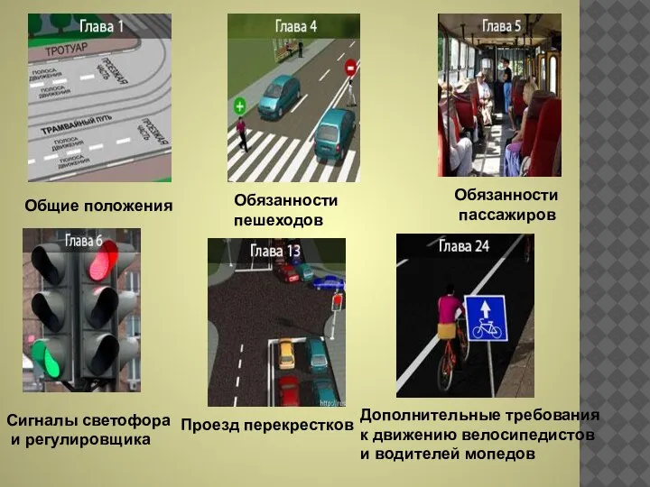 Общие положения Обязанности пешеходов Обязанности пассажиров Сигналы светофора и регулировщика Проезд перекрестков
