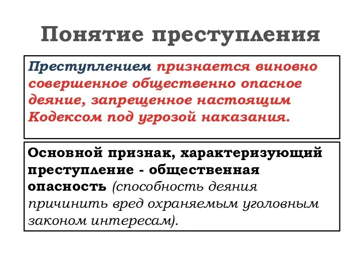 Понятие преступления Преступлением признается виновно совершенное общественно опасное деяние, запрещенное настоящим Кодексом