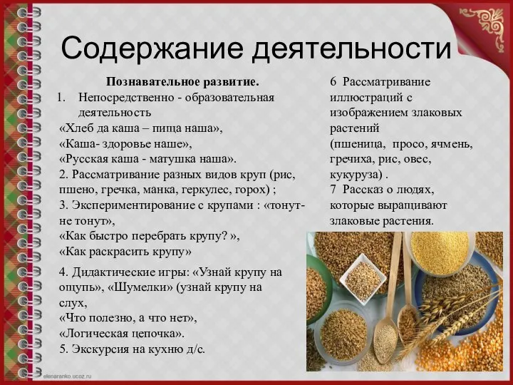 Содержание деятельности Познавательное развитие. Непосредственно - образовательная деятельность «Хлеб да каша –