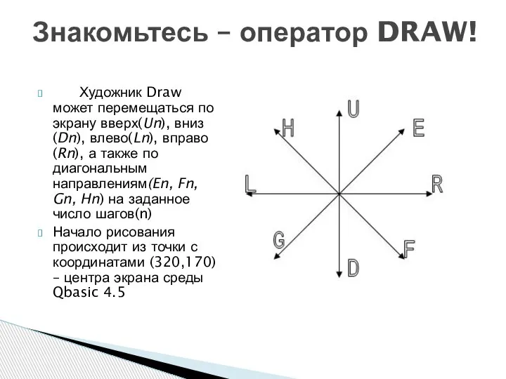 Художник Draw может перемещаться по экрану вверх(Un), вниз(Dn), влево(Ln), вправо(Rn), а также