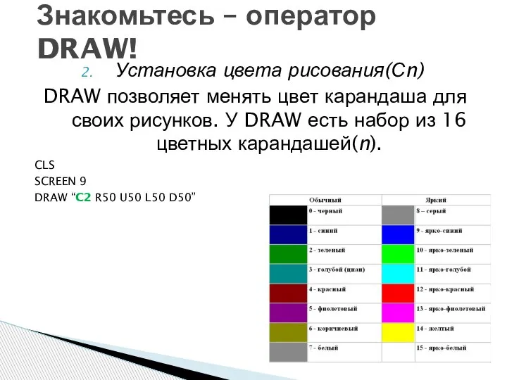 Установка цвета рисования(Сn) DRAW позволяет менять цвет карандаша для своих рисунков. У